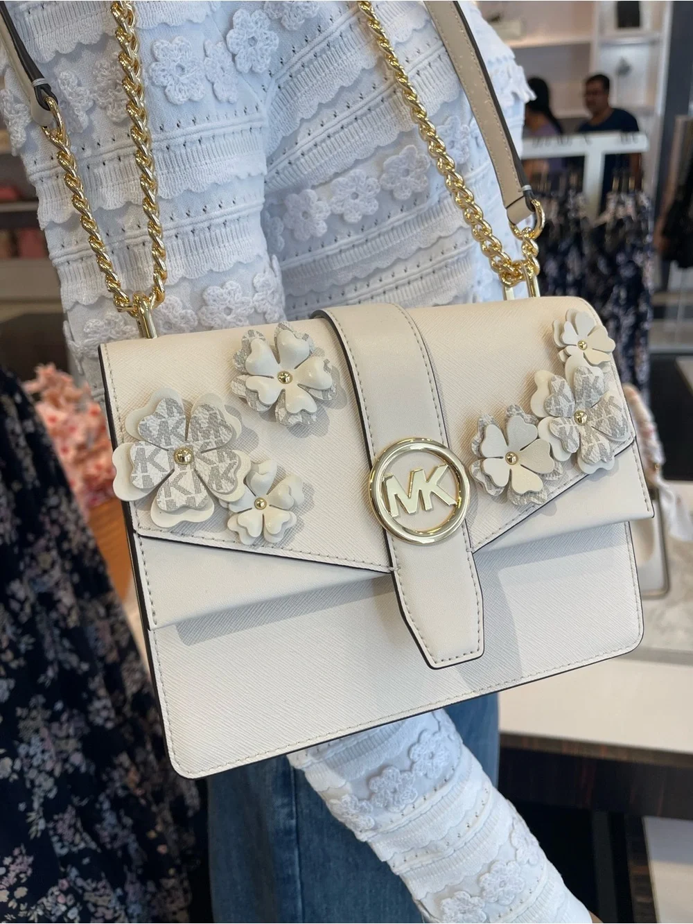 MICHAEL KORS Greenwich Sm Embellished Signature Logo Trim Crossbody Lt Cream NWT